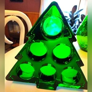 Vtg 1997 Celebrate The Season Green Glass Tree Tea Light Candle Holder Christmas